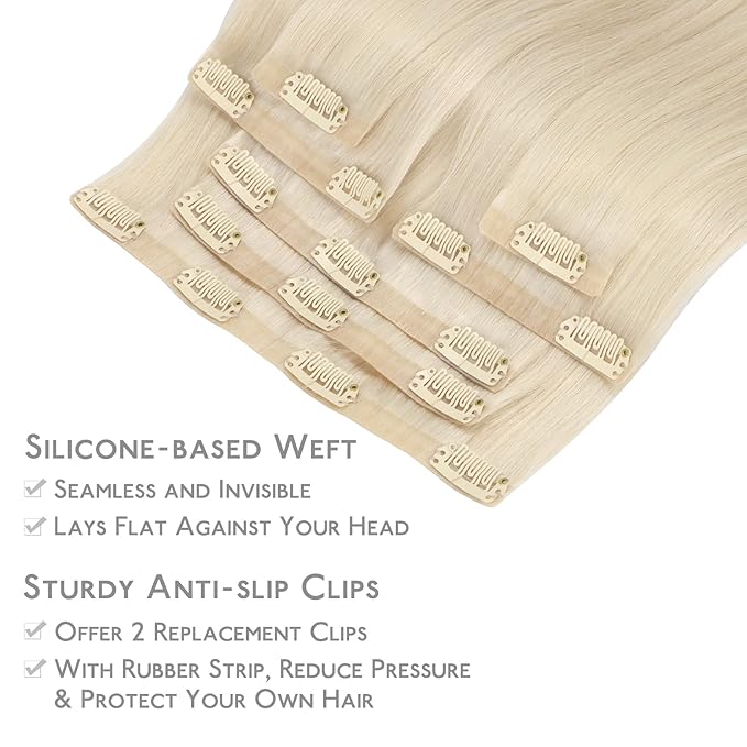WENNALIFE Seamless Clip In Hair Extensions Human Hair, 14 Inch 130g 7pcs Platinum Blonde Real Hair Extensions Clip in Human Hair Invisible PU Skin Weft Natural Remy Human Hair Extensions