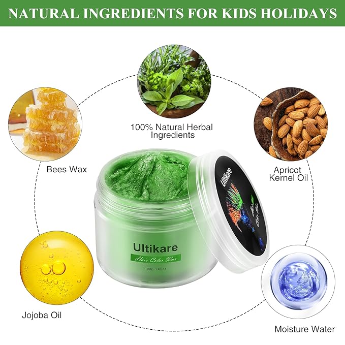 Ultikare Green Hair Color for Kids - Instant Mud Cream Gel Wax, 3.4 Fl Oz, Christmas Girl Gifts, Party, Cosplay DIY, Children's Day