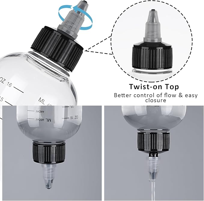 16.9oz Applicator Bottle for Hair, 2 PCS Twist-On Top Tip Cap Hair Color Bottle Applicator for Hairs with Graduated Scale, Clear Squeeze Bottles Plastic Hairs Dye Bottles, Hair-Oiling Container, 500ml