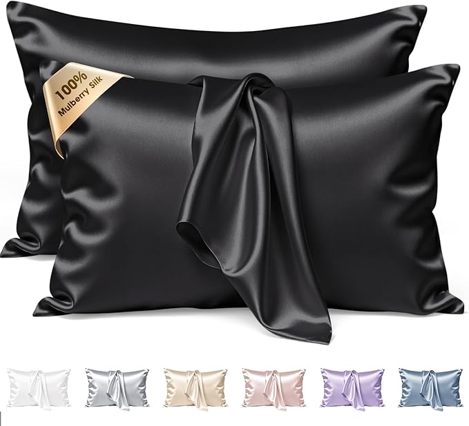 Silk Pillow Cases 2 Pack Standard Size Mulberry Silk Pillowcase Set of 2 for Hair & Skin 26 x 20 Inches 22 Momme Both Sided Grade 6A Silk Soft Breathable Cooling with Hidden Zipper, Black