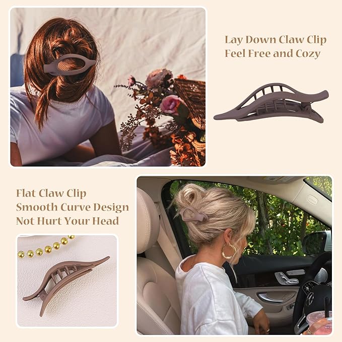 Flat Hair Clip 6 pcs Lay Down Claw Clips Hair Accessories for Women -Brown