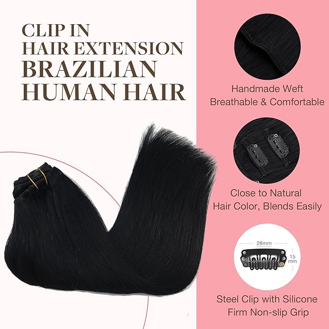GOO GOO Clip in Hair Extensions Real Human Hair, Remy Human Hair Extensions Clip ins for Women, Natural Human Hair, 12inch 85g 7Pcs, 1 Jet black