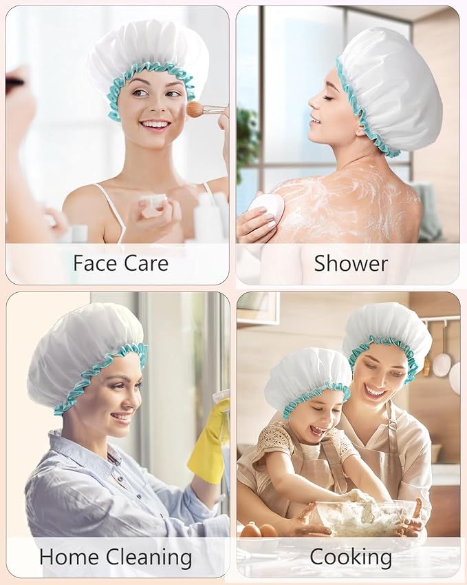 mikimini White Shower Caps for Women Long Hair,2 Pack,Large Size,Reusable,Waterproof Washable Hair Caps for Women and Girls, Super Cute and Extra Large