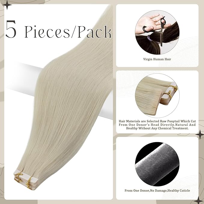 Full Shine Blonde Injection Tape in Hair Extensions 5Pcs Color 1000 Injected Tape in Extensions 22 Inch Virgin Human Hair Extensions Tape ins 12.5Gram Tape ins Human Hair Real Hair Extension for Women
