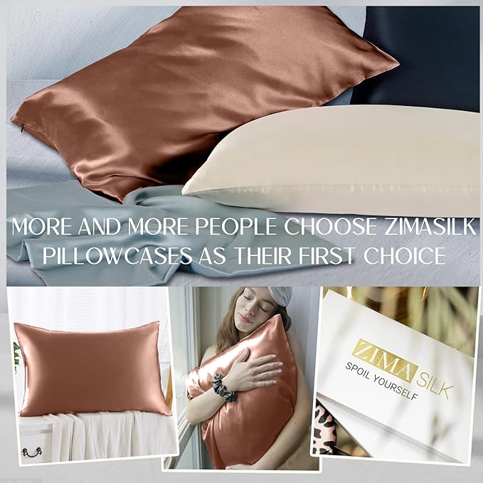 ZIMASILK 100% Pure Mulberry Silk Pillowcase for Hair and Skin Health,Soft and Smooth,Both Sides Premium Grade 6A Silk,600 Thread Count,with Hidden Zipper,1pc (Standard 20''x26'',Mocha)