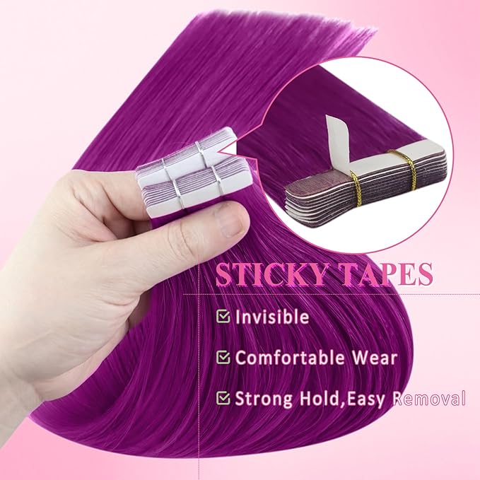 YoungSee Purple Tape in Human Hair Extensions Purple Hair Extensions Tape in 10pcs 25g Color Human Hair Tapes 16 Inch Tape on Extension Diy Your Hairstyle