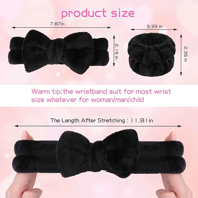 WSYUB Makeup Headbands, 1pcs Black Spa Headband Fluffy Bow Tie Headband Microfiber Face, and 2Pcs Wrist Spa Wash Band Absorbent Wristbands, for Washing Face Skin Care