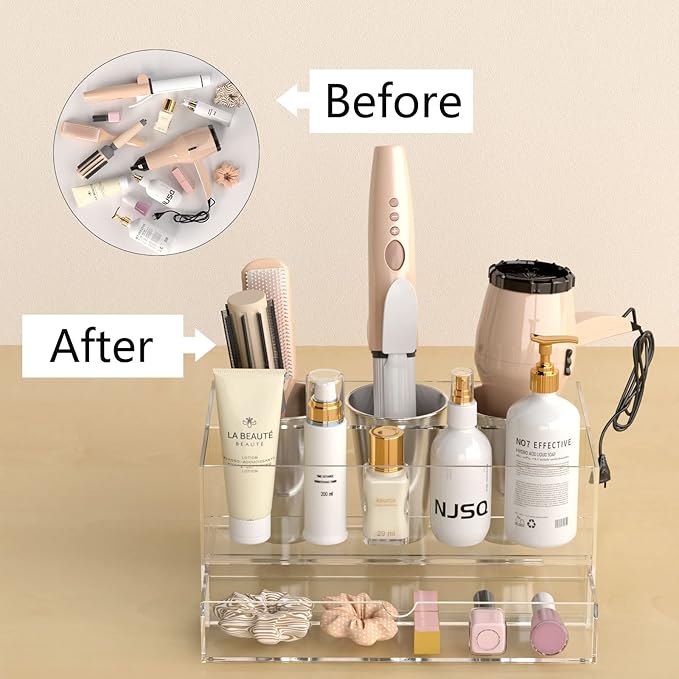 NIUBEE Hair Tool Organizer, Clear Acrylic Hair Dryer and Styling Organizer with Drawer, Bathroom Countertop Blow Dryer Holder, Vanity Caddy Storage Stand for Accessories, Makeup, Toiletries