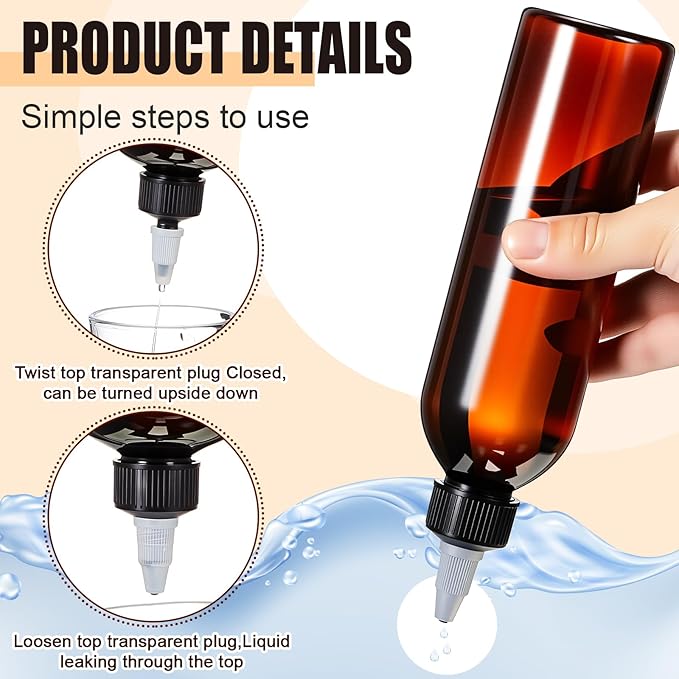 Barydat 72 Pcs 8 oz Squeeze Bottle Twist Top Applicator Bottles Empty Hair Oil Bottle with Funnels Refillable Amber Plastic Bottles for Liquid Hair Oil Shampoo Lotion