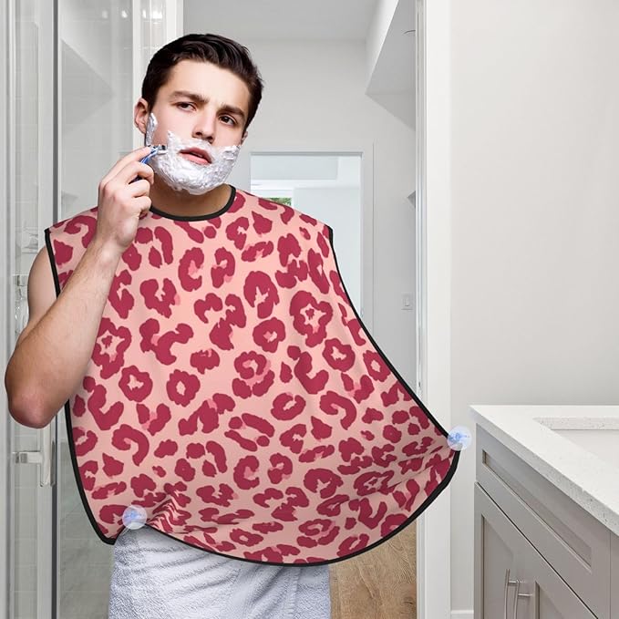 Non-Stick Beard Shaving Bib, Hair Catcher Apron with Suction Cups, Waterproof Grooming Tool for Men Husband, Pink Rose Gold Glitter Pattern Cheetah Leopard Print Shave Bib
