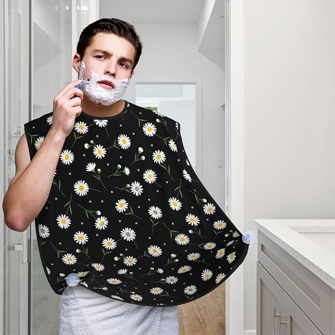 Non-Stick Beard Bib for Shaving, Daisy Flower Floral Polka Dot Shave Bib, Waterproof Hair Catcher with Suction Cups, Grooming Apron Men Husband