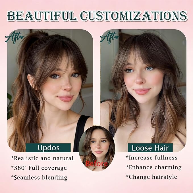 Benehair Clip in Bangs 100% Real Human Hair Extensions 360° Cover Clip on 3D Wispy Bangs for Women Topper Hairpieces for Women Dark Brown