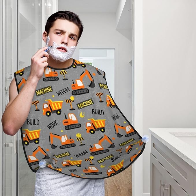 Non-Stick Beard Bib for Shaving, Construction Machines Cars Tractor Truck Dark Grey Shave Bib, Waterproof Hair Catcher with Suction Cups, Grooming Apron Men Husband