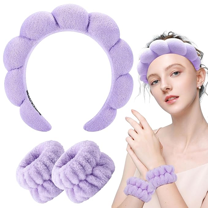 Zkptops Spa Headband for Washing Face Wristband Set Sponge Makeup Skincare Headband Terry Cloth Bubble Soft Get Ready Hairband Women Girl Puffy Padded Headwear Non Slip Thick Hair Accessory(Purple)