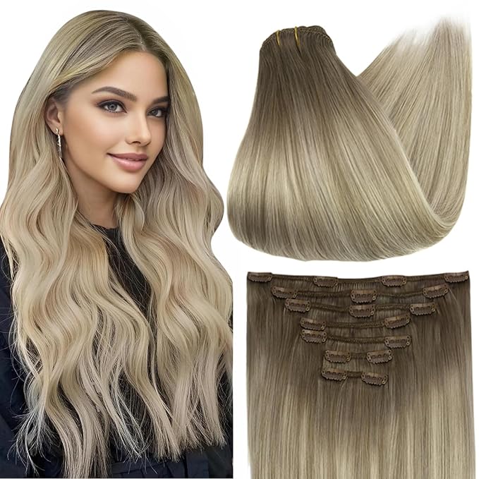 Full Shine Real Remy Hair Extensions Clip in Human Hair 22 Inch Ash Brown Mix Platinum Blonde Invisible Hairpiece for Women Balayage Clip in Extensions Straight 7 Pcs 120 G