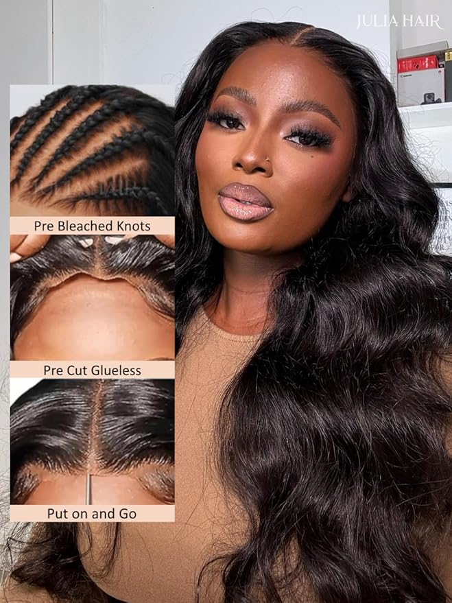 Julia Hair Body Wave Glueless 13x4 Lace Front Wigs Human Hair 12A Pre Cut Lace Frontal Wig Pre Bleached Bye Bye Knots Pre Everything Put on and Go 180% Density Fast Wear Wigs Natural Color 16 Inch
