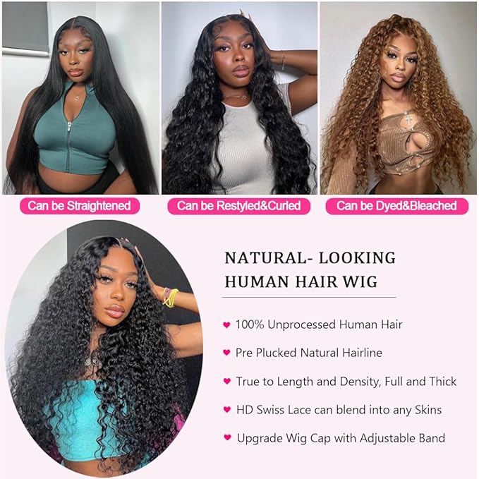 32 Inch Water Wave Lace Front Wigs Human Hair Pre Plucked 13X6 Lace Front Wigs Human Hair 200 Density Deep Part Curly Wig for Women Natural Black
