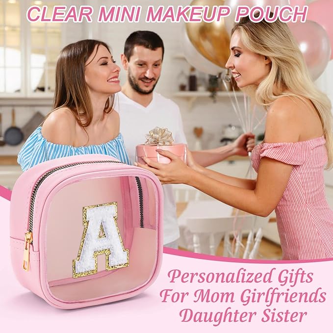 YOOLIFE Mini Initial Makeup Bag | Clear Makeup Bag | Preppy Cosmetic Bags Travel Essentials Gifts for Women Teen Girlfriend Teacher Birthday Clear Toiletry Bag Small Cosmetic Bag for Purse Pink K