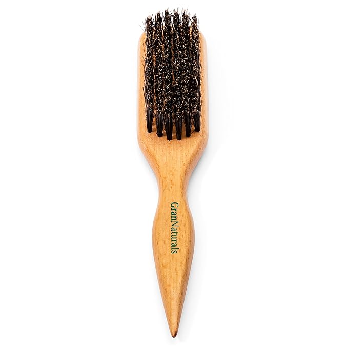 GranNaturals Boar Bristle Slick Back Hair Brush for Sleek Ponytail Bun & Smoothing Baby Hairs, Flyaways, Edge Control - Backcombing & Teasing Hairbrush with Wide Rat Tail for Sectioning & Parting