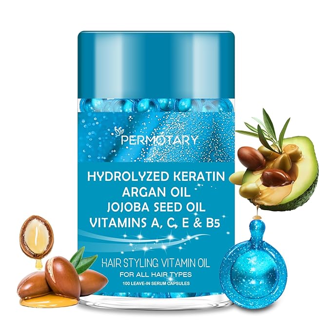 100 Capsules Styling Serum With Keratin, Treatment Oil for Frizzy Hair, Serum With Vitamins A, C, E & B5, Argan Avocado Oil for All Types, Leave-in Conditioner for Women & Men