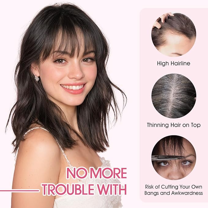 Hairro Human Hair Toppers with Wispy Bangs, 3D 360° Seamless Real Hair Toppers, Hand-Tied with 3.5"x4.7" T-shaped Base, Clip-In Hairpieces to Add Volume on Top, 11 Inch Natural Black