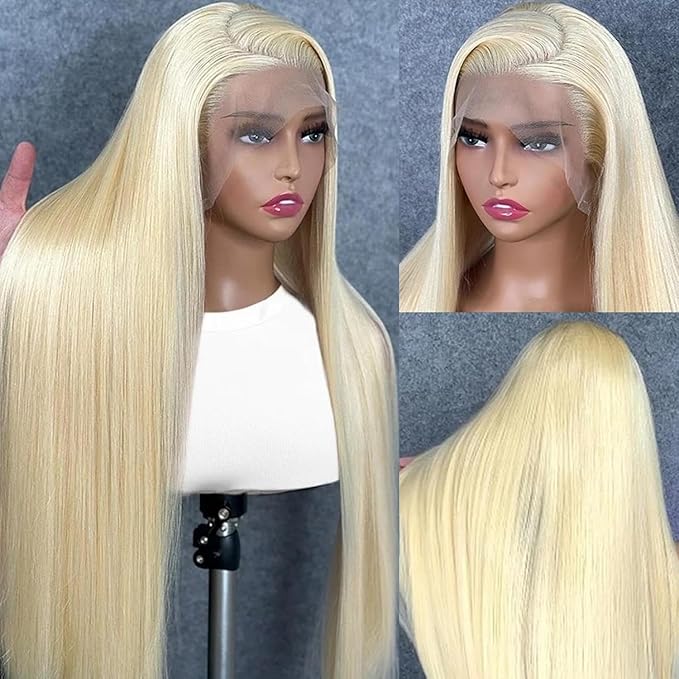613 13x6 Lace Front Human Hair Wig - 24 Inch Straight, 200 Density, HD Transparent Lace, Blonde for Women