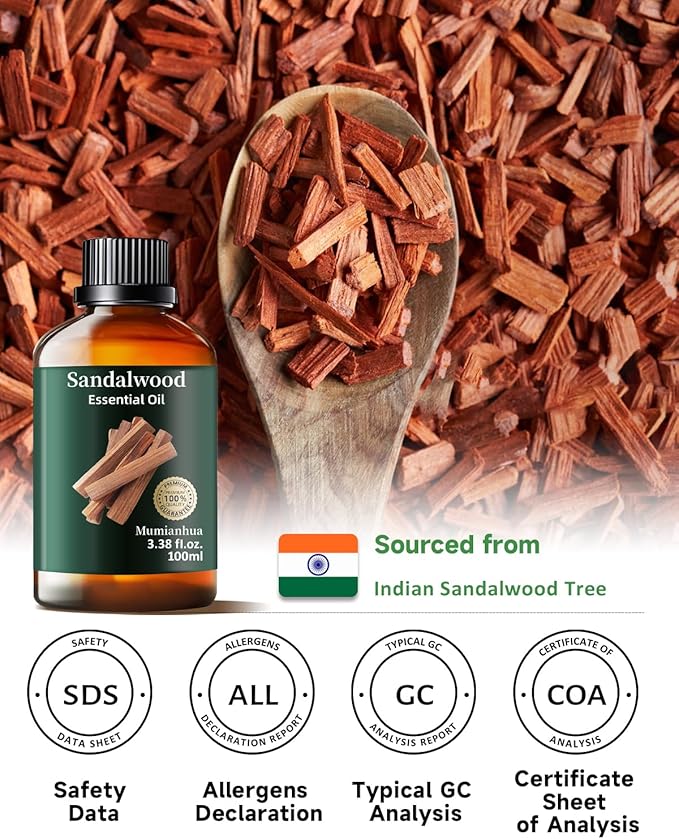 Pure Sandalwood Essential Oil for Bedtime Serenity, Evening Meditation & Pillow Mist, Natural Woody Aroma for Diffuser, Hair, Skin Care, Calming Blends, Massage, Candle, Soap Making 3.38 Fl Oz