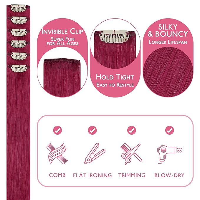 WENNALIFE Burgundy Red Clip in Hair Extensions Real Human Hair 35g 6pcs 22 Inch Colored Hair Extensions for Kids Women Colorful Hair Pieces Pop-up Style Straight Extensiones De Cabello Humano Con Clip