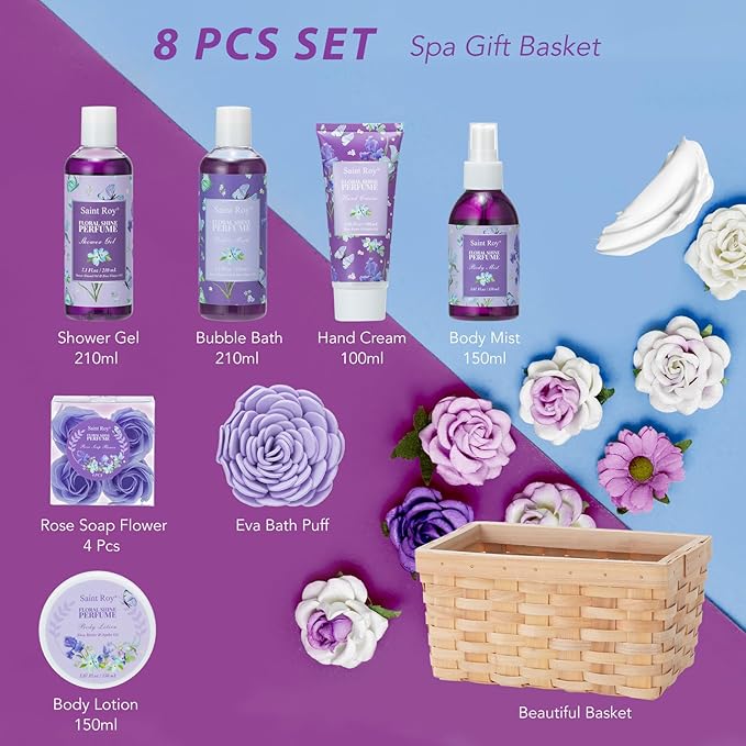 Bath & Shower Spa Basket Gift Set, Perfume Scent spa kit for women w/ Shower Gel, Bubble Bath,Lotions, Bath and Body Christmas Gifts for Women, Self Care Gifts Basket for Her, Birthday Gifts