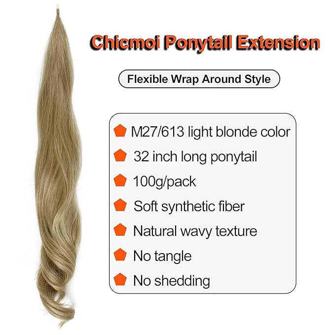 Chicmoi Blonde Ponytail Extainson 32 Inch Flexible Wrap Around Ponytail Hair Extension Long Wavy Pony Tails hair Extension Synthetic Hairpieces For Women and Girls