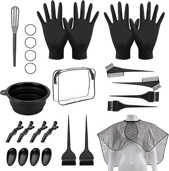 26PCS Hair Dye Coloring Kit, Professional Hair Bleach Kit, Hair Coloring Products, Gloves, Storage Bag, Rubber Band, Shawl, Clips, Brush, Bowl, Ear Cap, Mixing Spoon, Black