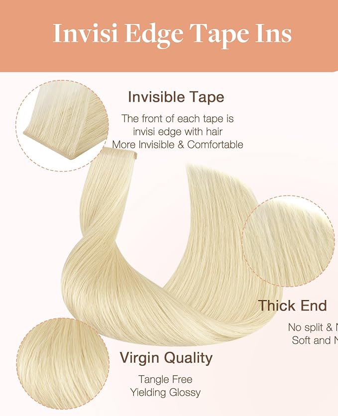 GOO GOO Invisi Edge Tape in Hair Extensions Human Hair, 613R Bleach Blonde 10pcs injected with 10pcs classical tape ins, 20inch 50g, Virgin Remy Hair, Natural Look
