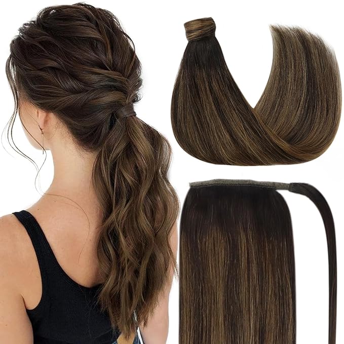 Ve Sunny Hair Extensions Ponytail Real Human Hair Wrap Around Clip in Ponytail Hair Extensions Straight Extensions Human Hair for Women Dark Brown Balayage Chestnut Brown 18inch 80G