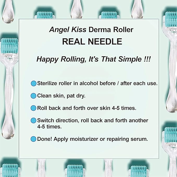 Derma Roller Real Needles - Angel Kiss 0.25mm Microneedling Roller with Case - 192 Stainless Steel Micro Needling Dermal Kit for Face, Scalp, Body - At Home Microdermabrasion Roller for Women Men