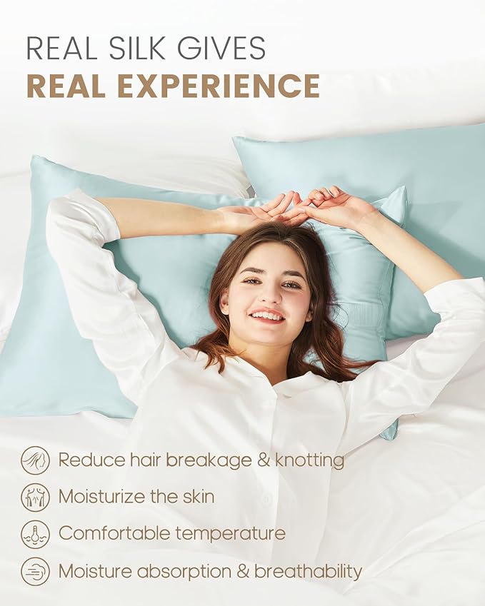 THXSILK 100% Mulberry Silk Pillowcase for Hair and Skin, Grade 6A+ Mulberry Silk Pillow Case, Natural Silk Pillow Case Cover with Zipper, 1pc(California King Size 20"x40", Light Blue)