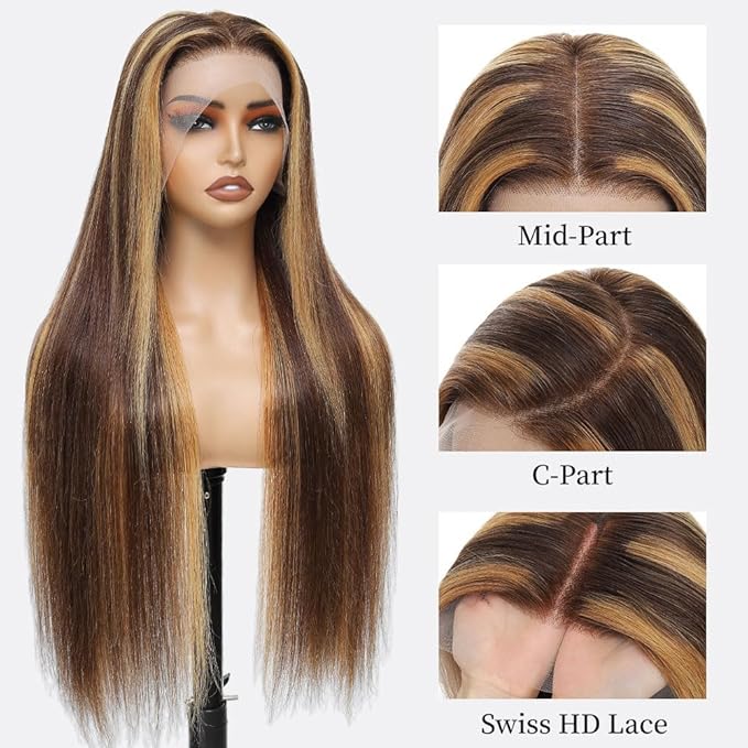 Ombre Lace Front Wig Human Hair 13x6 HD Lace Frontal Real Virgin Human Hair Wig 4/27 Colored Honey Blonde Straight Wigs Human Hair Pre Plucked Tangle-Free 200 Density 26 Inch