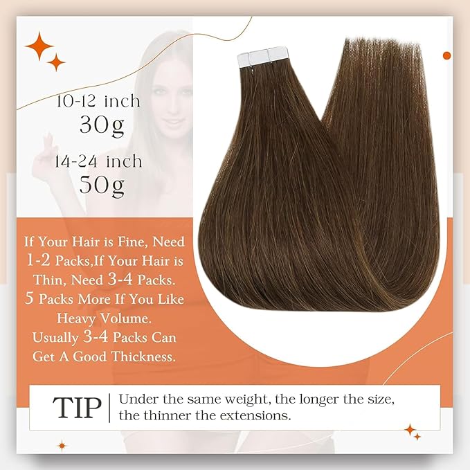 Full Shine Tape in Hair Extensions Color 4 Medium Brown Tape in Extensions Real Human Hair 20Pcs Extension 50G Seamless Invisible Skin Weft Adhesive Tapes ins Human Extension Natural Straight 14Inch