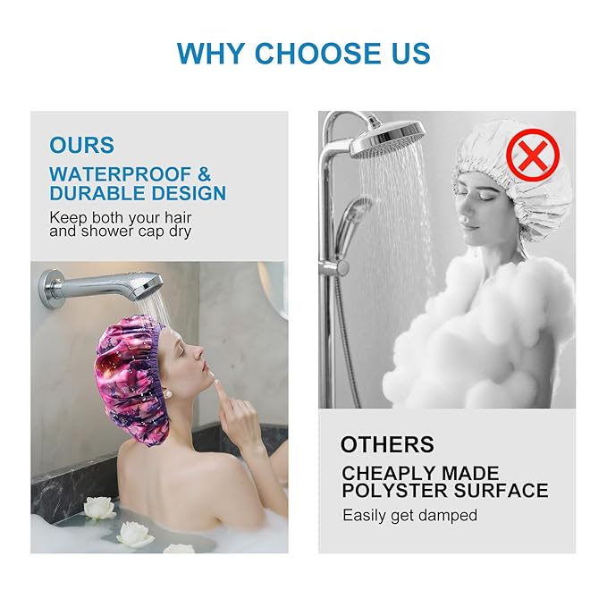 Upgraded Waterproof Terry Shower Caps, Reusable Shower Cap for Women with Long Hair, Soft Absorbent Hair-Protecting Towel Lining Bath Cap, Large Leak-Proof Hair Cap with Fashionable Print Outer-Purple