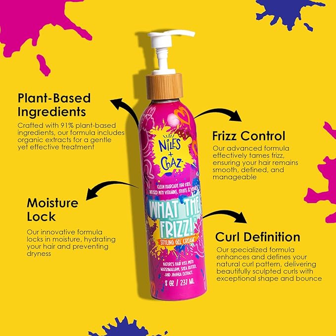 Niles and Chaz What the Frizz! Styling Gel Cream - Kids Curl Cream, Frizz Control, Hydrated & Defined Curls - Paraben, Sulfate, Silicone Free - Curly, Coily, Wavy Hair Products for Kids (8 fl Oz)