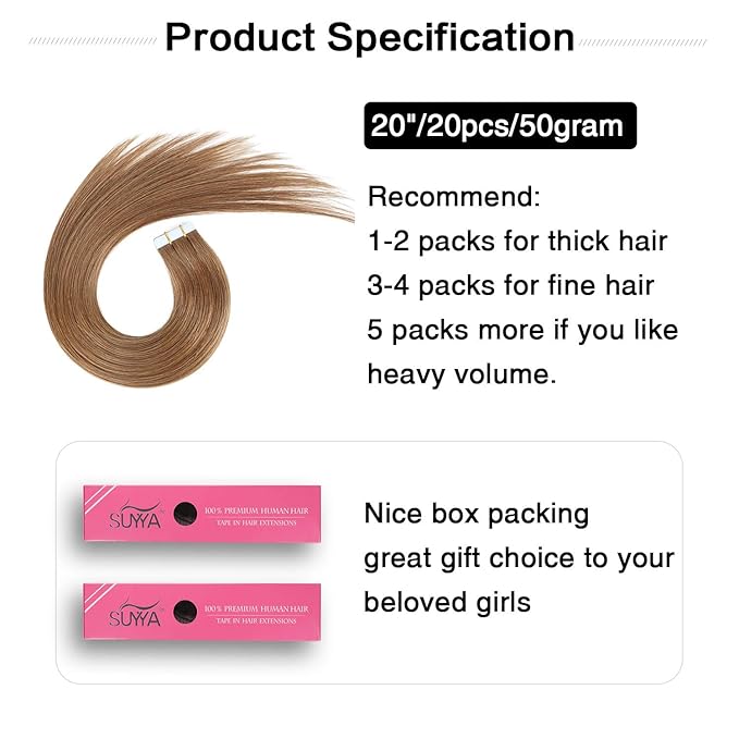 SUYYA Tape in Hair Extensions 100% Remy Human Hair 20 inches 20pcs 50g/pack Straight Seamless Skin Weft Tape in Human Hair Extensions(20Inch #8 Light Brown)