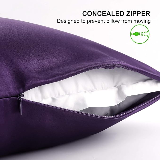 ALASKA BEAR Silk Pillowcase for Hair and Skin, Set of 2 Pure Genuine 22 Momme Mulberry Silk Pillow Cases Queen Size for Bliss Sleep Better Than Poly Satin, Zipper Closure(2pc, Dark Purple)