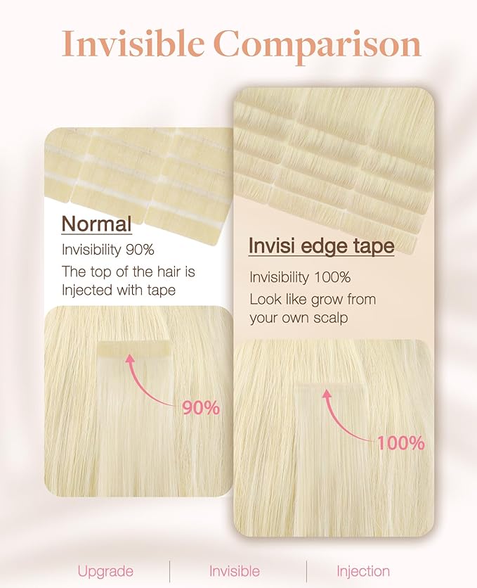 GOO GOO Invisi Edge Tape in Hair Extensions Human Hair, 60A Platinum Blonde 10pcs injected with 10pcs classical tape ins, 24inch 50g, Virgin Remy Hair, Natural Look