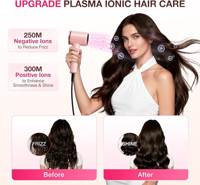 High-Speed Hair Dryer 1875W Ionic & Plasma, Blow Dryer with Diffuser & Comb Nozzle for Curly or Thick Hair, Compact 110000 RPM Fast Drying Lightweight Hair Dryer for Women with Concentrator, Pink
