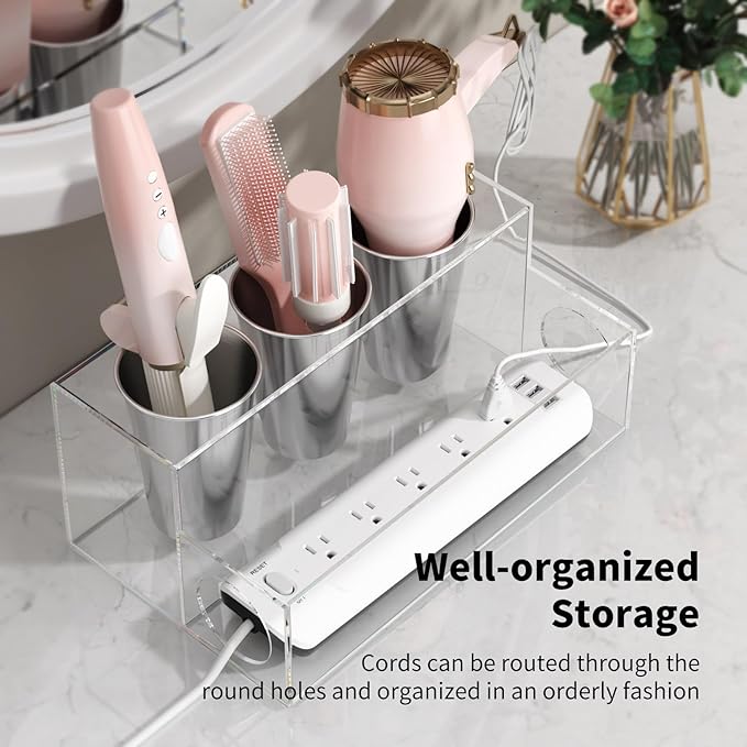 NIUBEE Hair Tool Organizer, Clear Acrylic Hair Dryer and Styling Organizer, Bathroom Countertop Blow Dryer Holder, Vanity Caddy Storage Stand for Accessories, Makeup, Toiletries