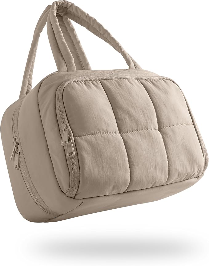 Travel Toiletry Bag for Women with Hanging Hook, Water Resistant Puffy Makeup Organizer with Leak Proof Pockets for Toiletries and Cosmetics - Khaki (Bag Only)