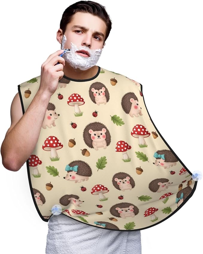 Beard Hair Catcher Bib, Waterproof Non-Stick Grooming Apron for Shaving Trimming, Perfect for Men Dad, Cute Baby Hedgehog and Mushrooms Shave Bib