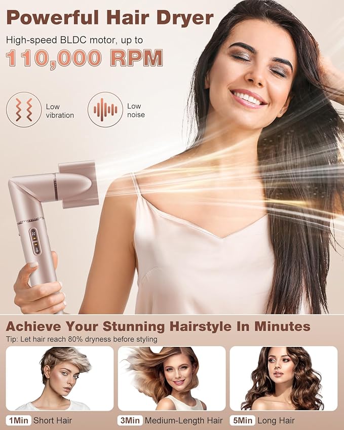 7MAGIC 7 in 1 Hair Styler & Hair Dryer Brush, 110,000 RPM High-Speed Blow Dryer with Negative Ions for Frizz-Free Styling Fast Drying Curling Volumizing Straightening, Hot Air Styler with Travel Case