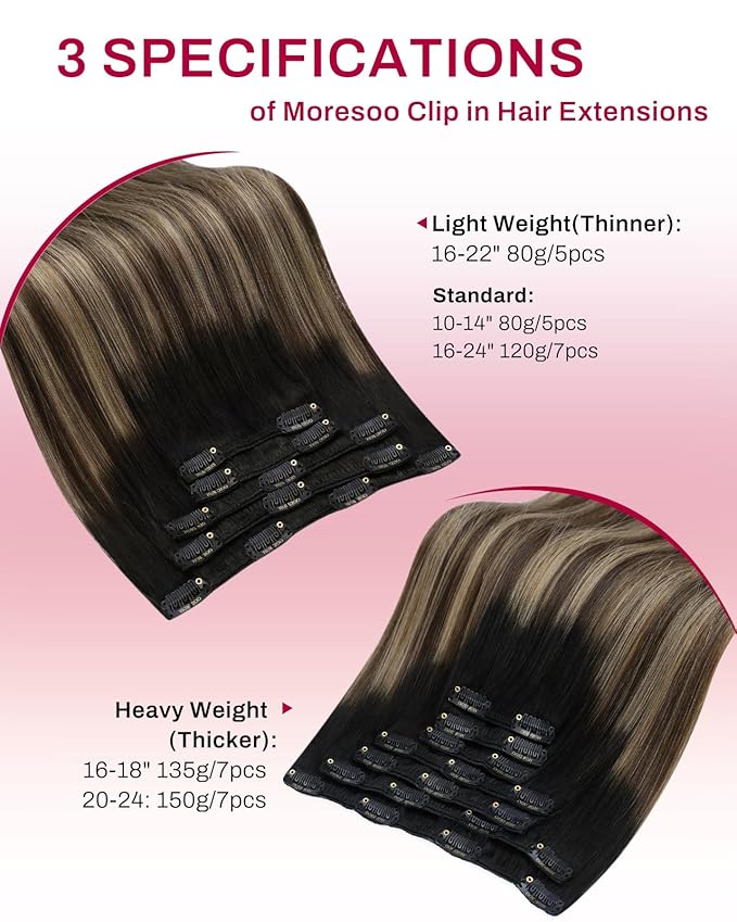 Moresoo Clip in Hair Extensions Real Human Hair Balayage Black to Brown with Dark Blonde 5pcs 80g Remy Straight Invisible Lace Double Weft Ombre Human Hair Clip in Extensions 16inch