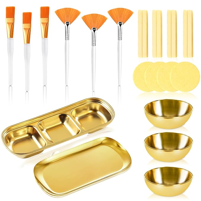23 Pcs Esthetician Supplies 3 Stainless Steel Gold Mixing Bowls Gold Small Serving Tray 3 Compartment Serving Tray 3 Facial Fan Brushes 3 Face Mask Applicator Brush 12 Facial Sponge Compressed Round