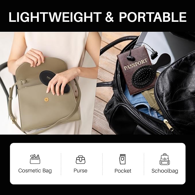 RHOS Mini Hair Brush for Women,Men and Kids-Travel Size Hair Brush for Purse,Pocket,backpack-Small Cushion Paddle Brush with Soft Bristles-Mini Detangler Brush for All Hair Types(1 Pack-Black)
